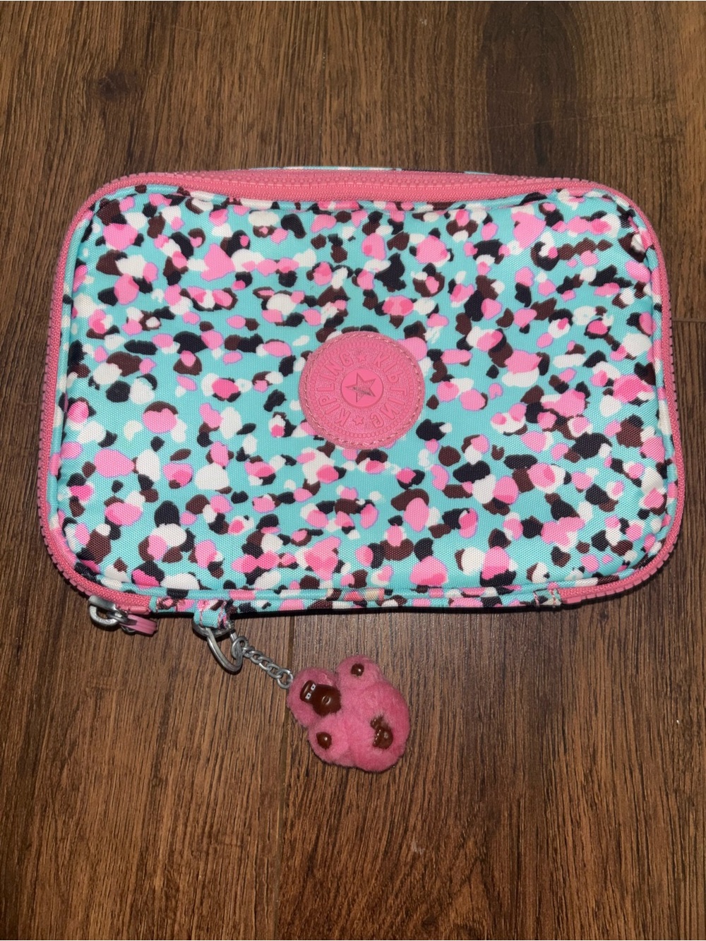 Kipling Pink & Aqua Patterned Makeup Bag or Pencil Case with Charm Keychain